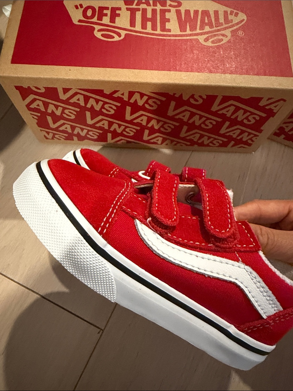 Vans Kids Red Velcro Low-Top Sneakers with White Side Stripe